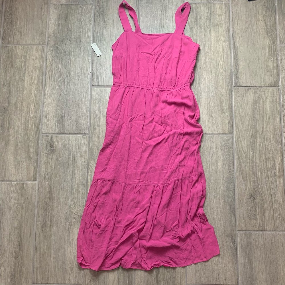 Amazon Essentials Women's Fluid Twill Tiered Pink Midi Dress Pockets Size M NWT